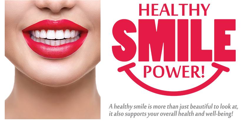 The image shows a close-up advertisement for  Healthy Smile Power,  featuring a person with red lipstick.